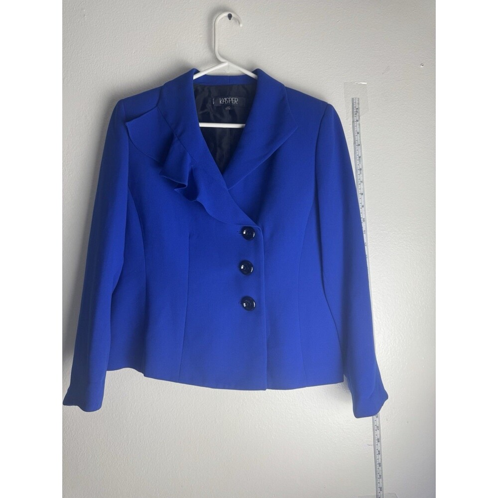 Kasper Petite Women’s Royal Blue Ruffle Collar Career Blazer Jacket 10P